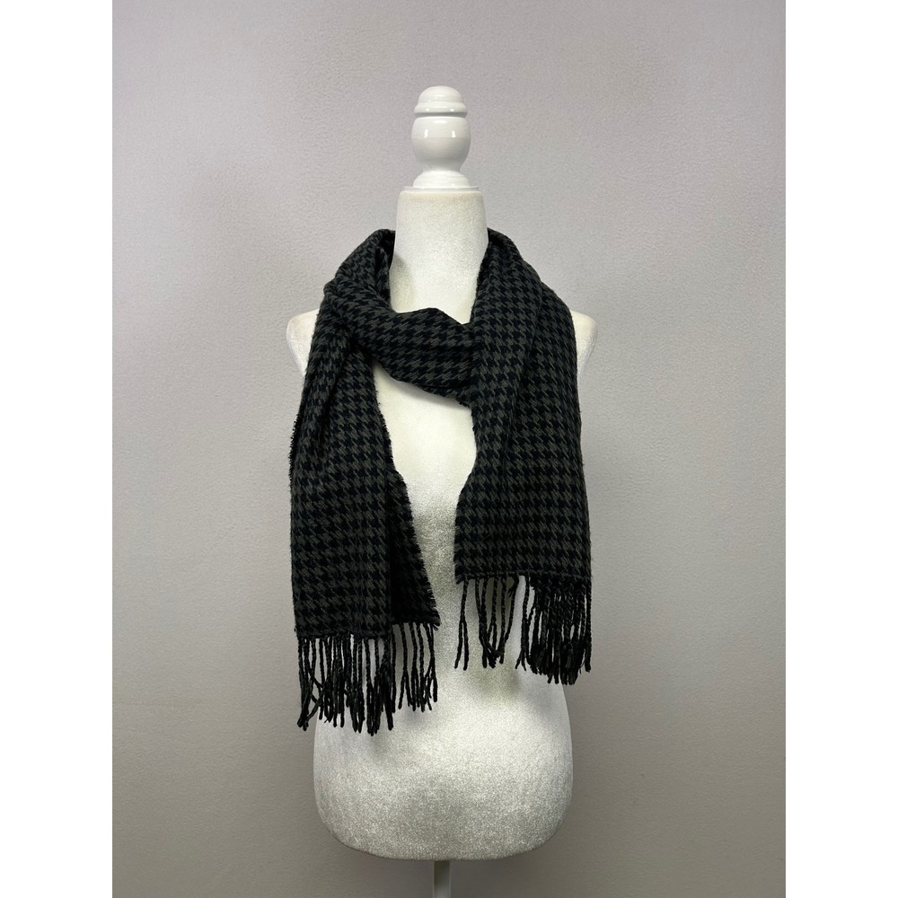 Dark Academia Hand Tailored Unisex OS Black Grey 100% Cashmere Houndstooth Scarf